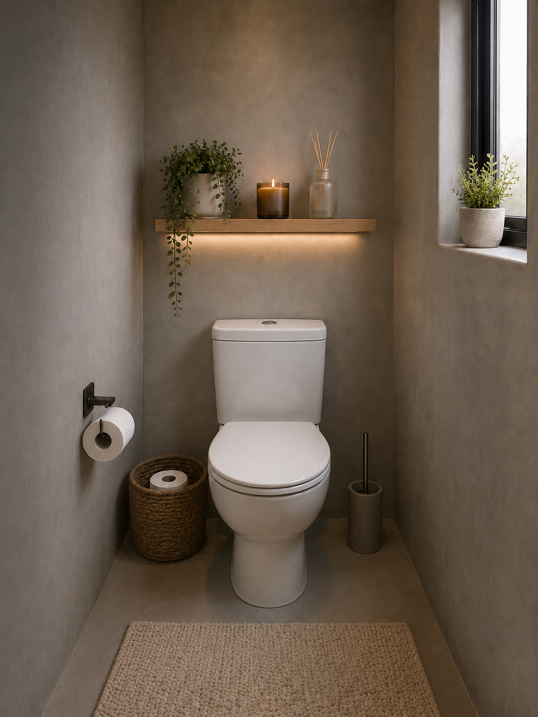 Guest toilet with shelf and plants