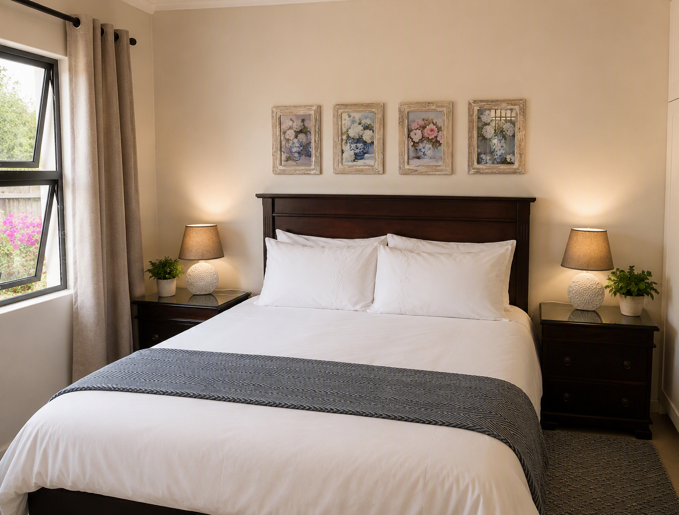 Main bedroom with dark wood bed and framed florals