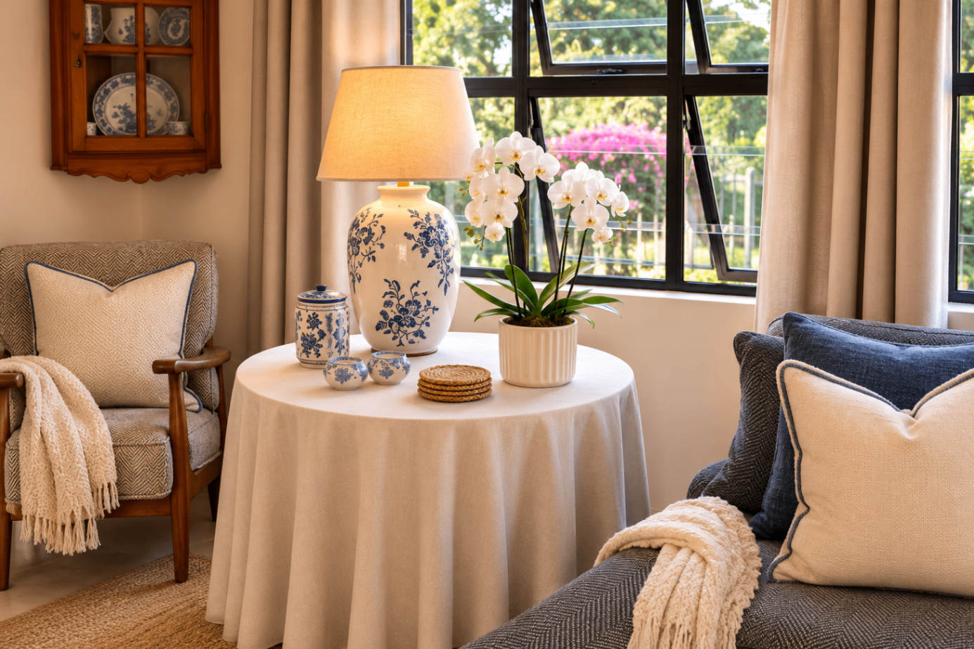 Reading corner with orchid and lamp