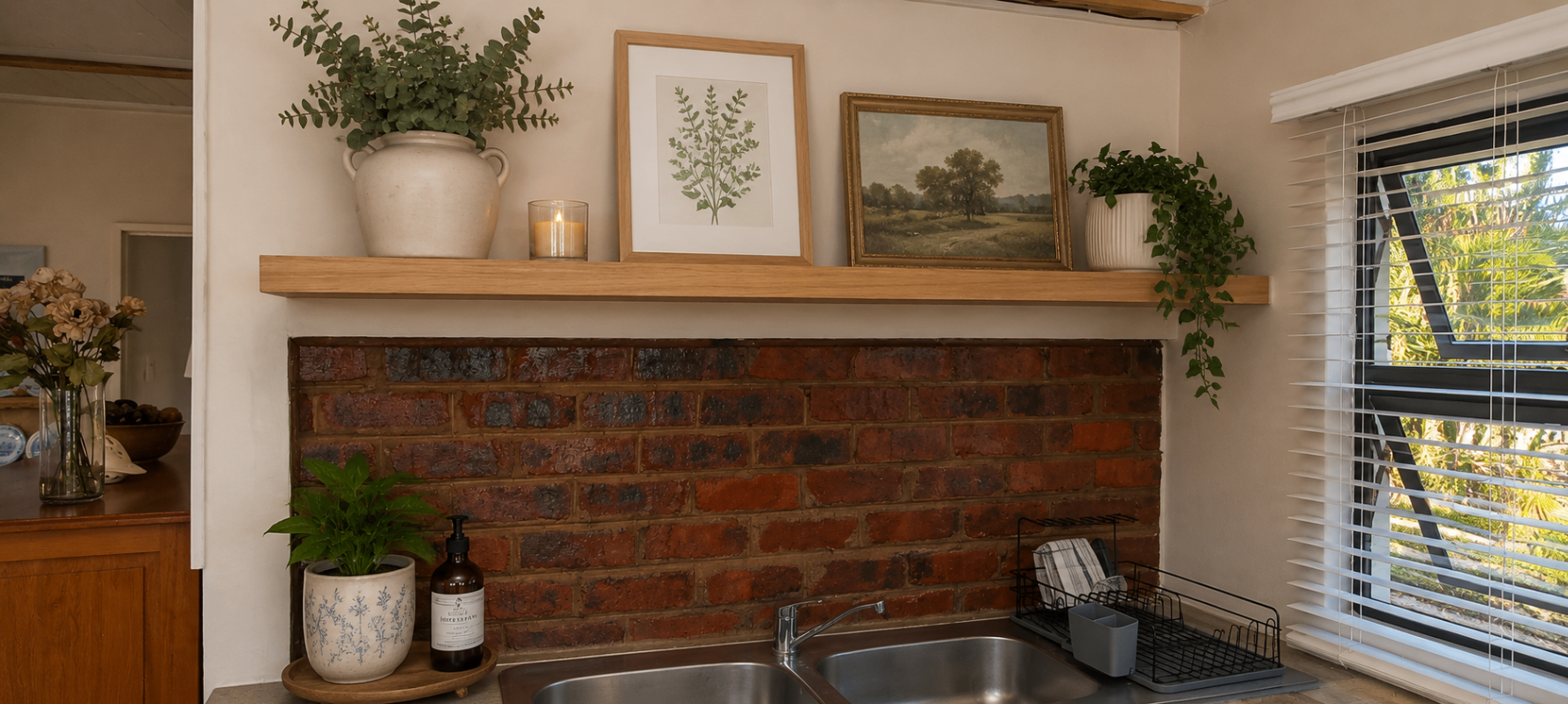 Oak shelf above the kitchen sink