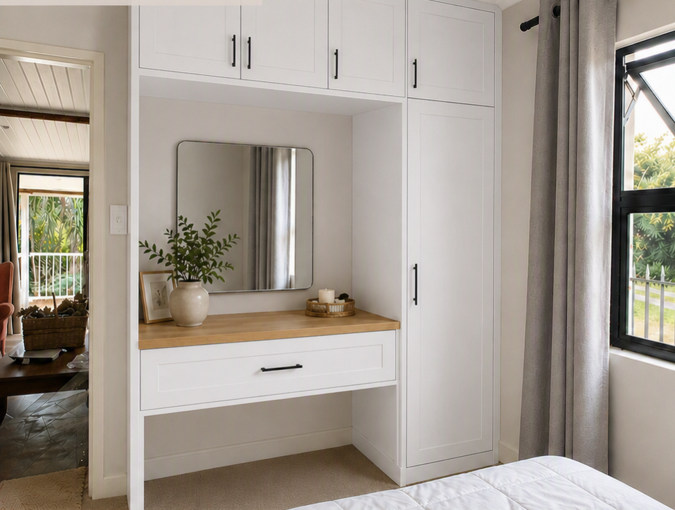 Main bedroom built-in cupboards with dressing table and mirror