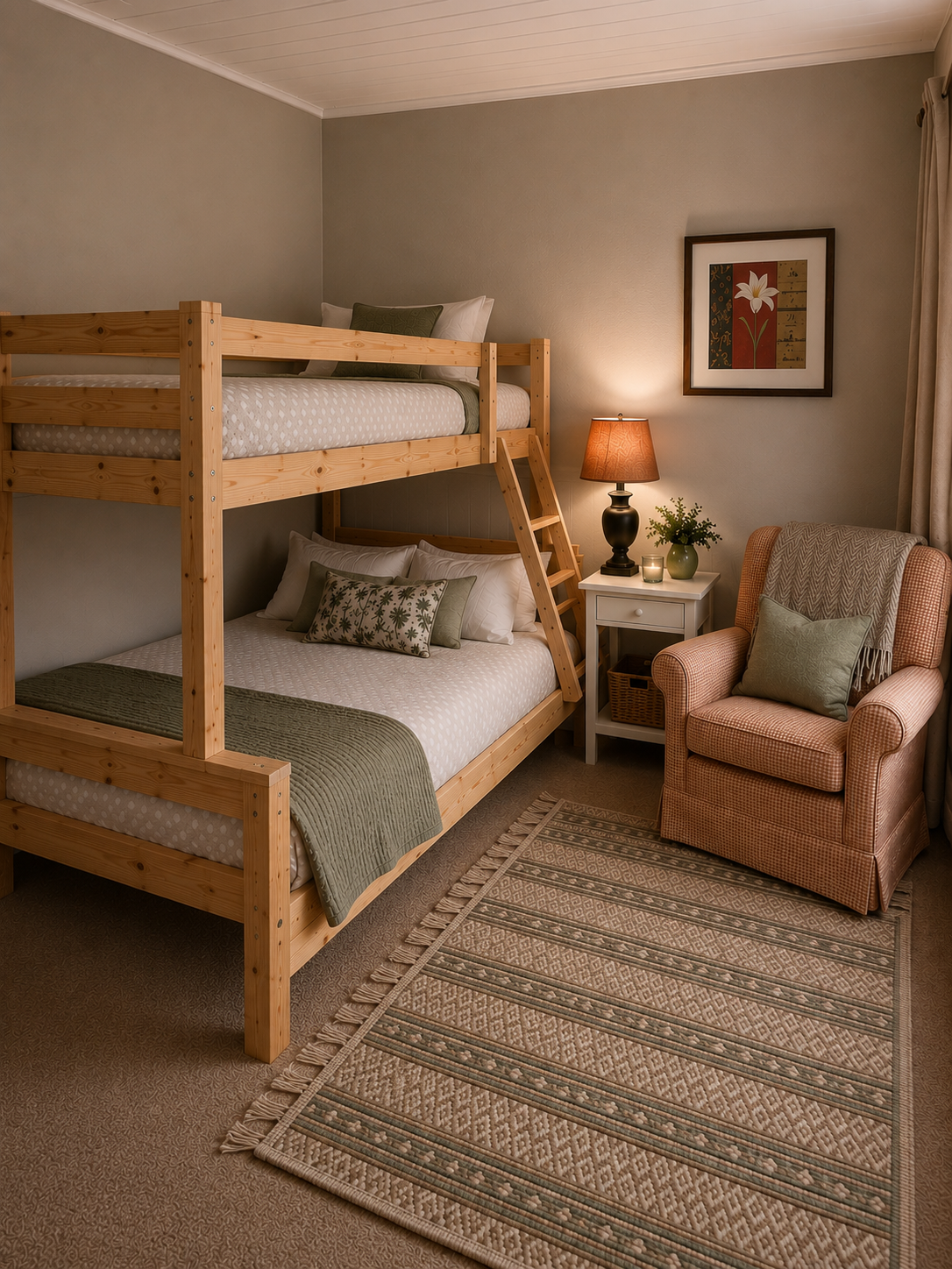 Second bedroom with double bunk and armchair