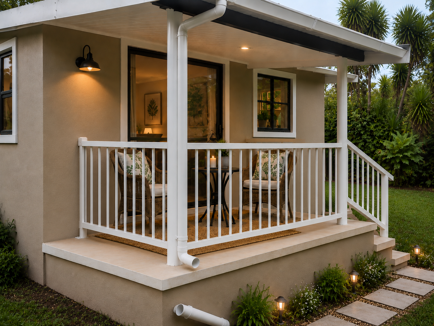 Verandah with wicker chairs and garden outlook