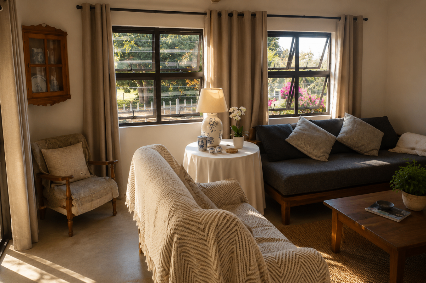 Sunlit lounge with couch and armchair